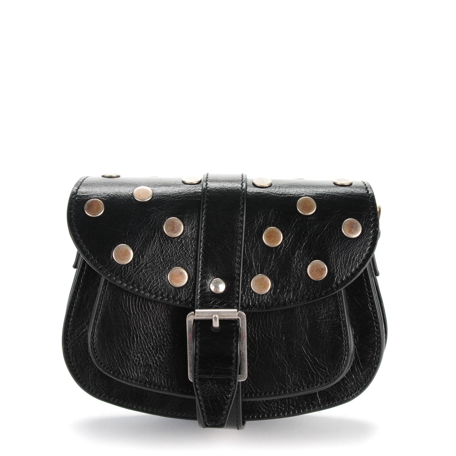 Saint Laurent Glazed Calfskin Mini Curved Studded Saddle Bag Black 1 of 8