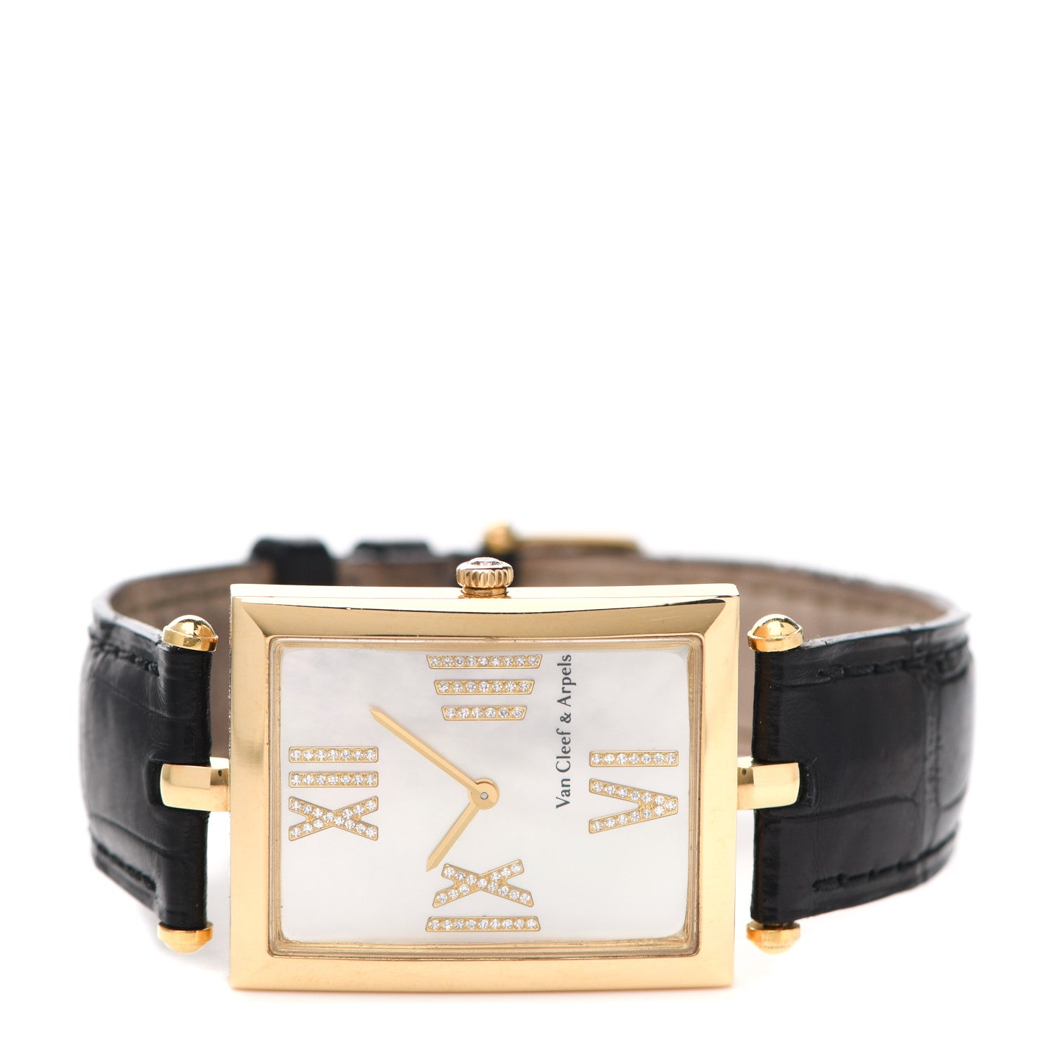 Van Cleef & Arpels 18K Yellow Gold Alligator Diamond Mother of Pearl 27mm Lady Arpels Quartz Watch 2 of 5