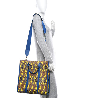 Gucci GG Supreme Monogram Mix Textured Dollar Calfskin Rhombus Inlay Large Tote Bag Beige Ebony Harvest Joy Blue 2 of 12