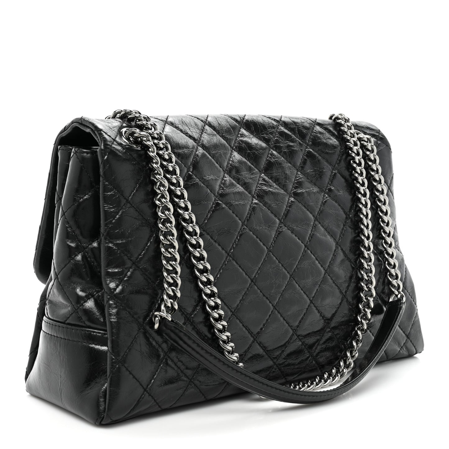 Glazed Calfskin Quilted Large Lady Pearly Flap Black