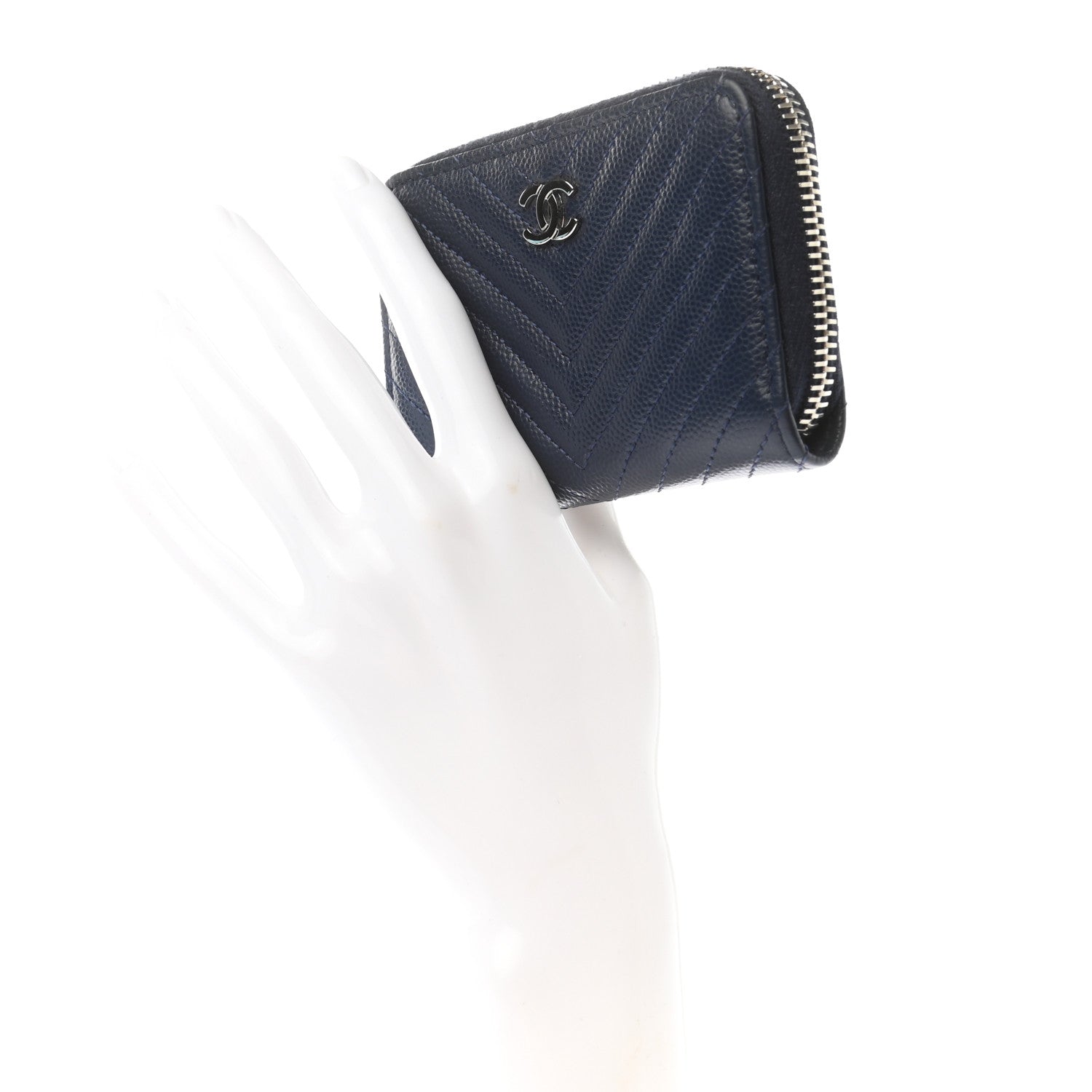 Chanel Caviar Chevron Quilted Zip Around Coin Purse Navy Blue 2 of 8