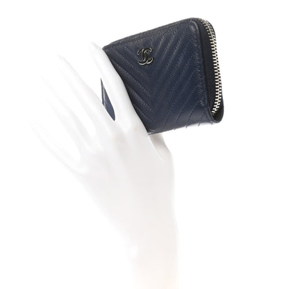 Chanel Caviar Chevron Quilted Zip Around Coin Purse Navy Blue 2 of 8