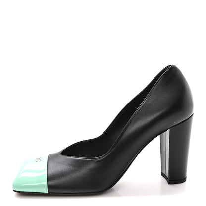 Chanel Lambskin Patent Calfskin Cap Toe Pumps 40 Black Green 1 of 10