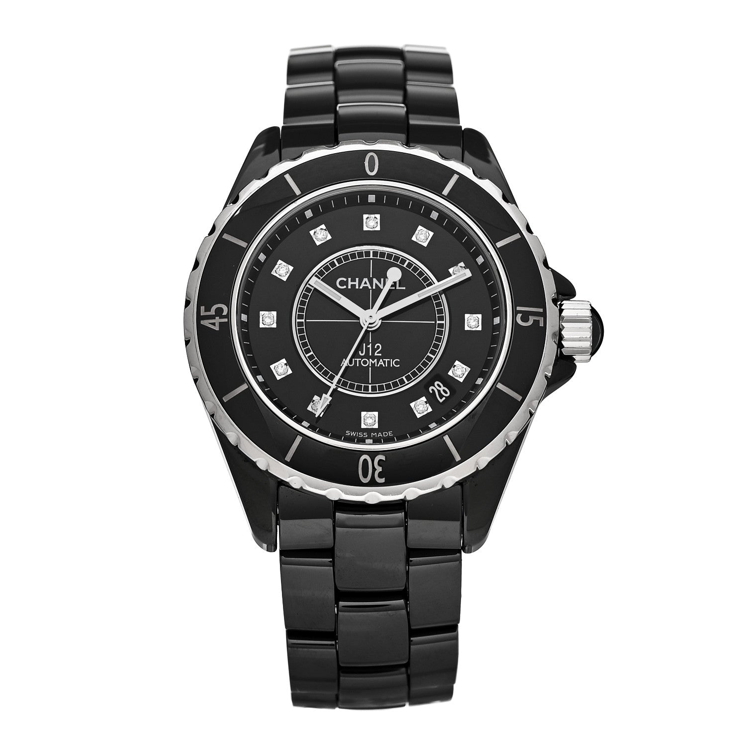 Chanel Stainless Steel Ceramic Diamond 38mm J12 Automatic Watch Black 1 of 4