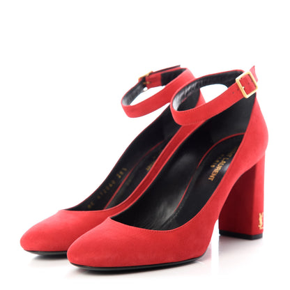 Saint Laurent Suede Loulou 70 Ankle Strap Pumps 38.5 Red 3 of 10