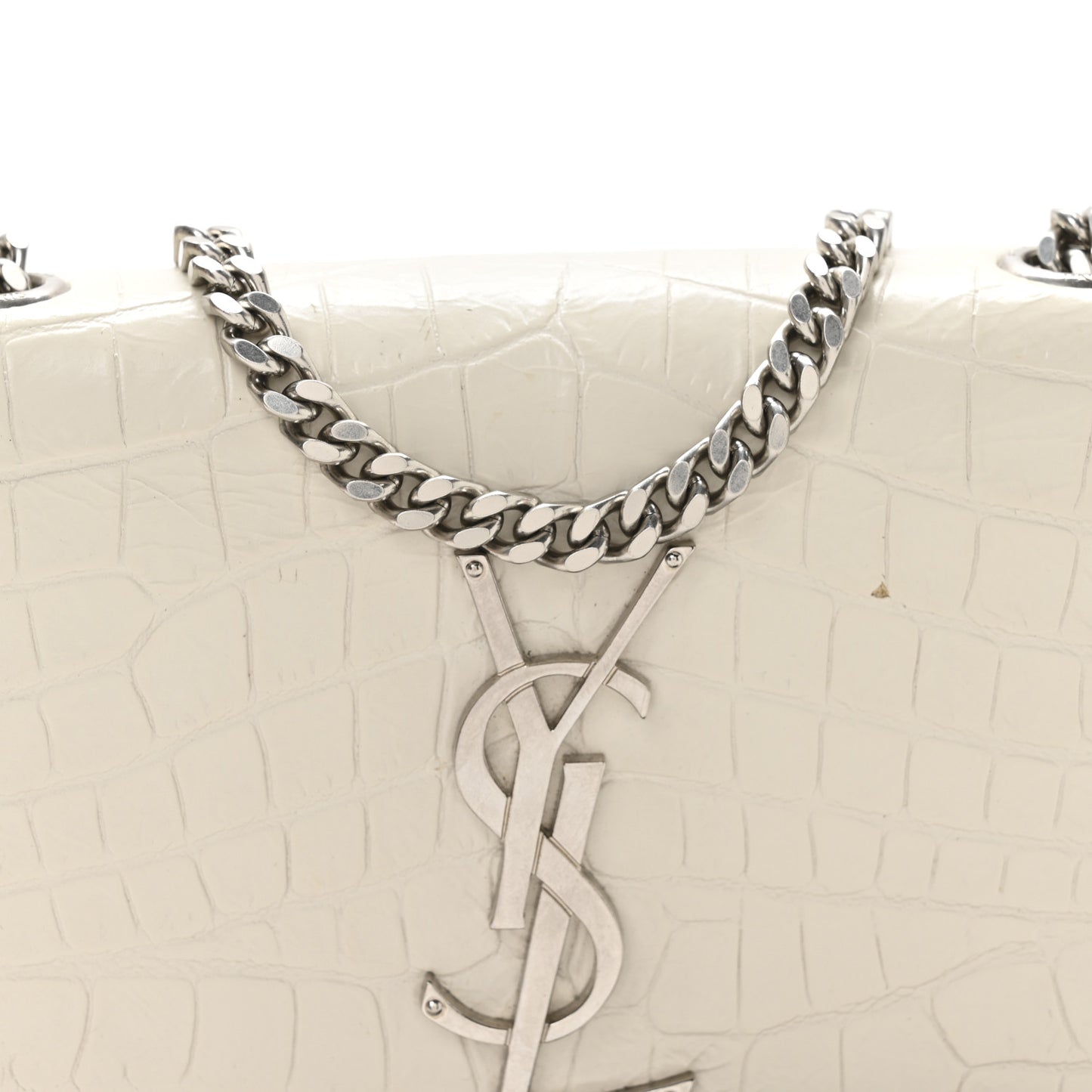 Calfskin Crocodile Embossed Small Classic Monogram Kate Tassel Satchel  Crema Soft