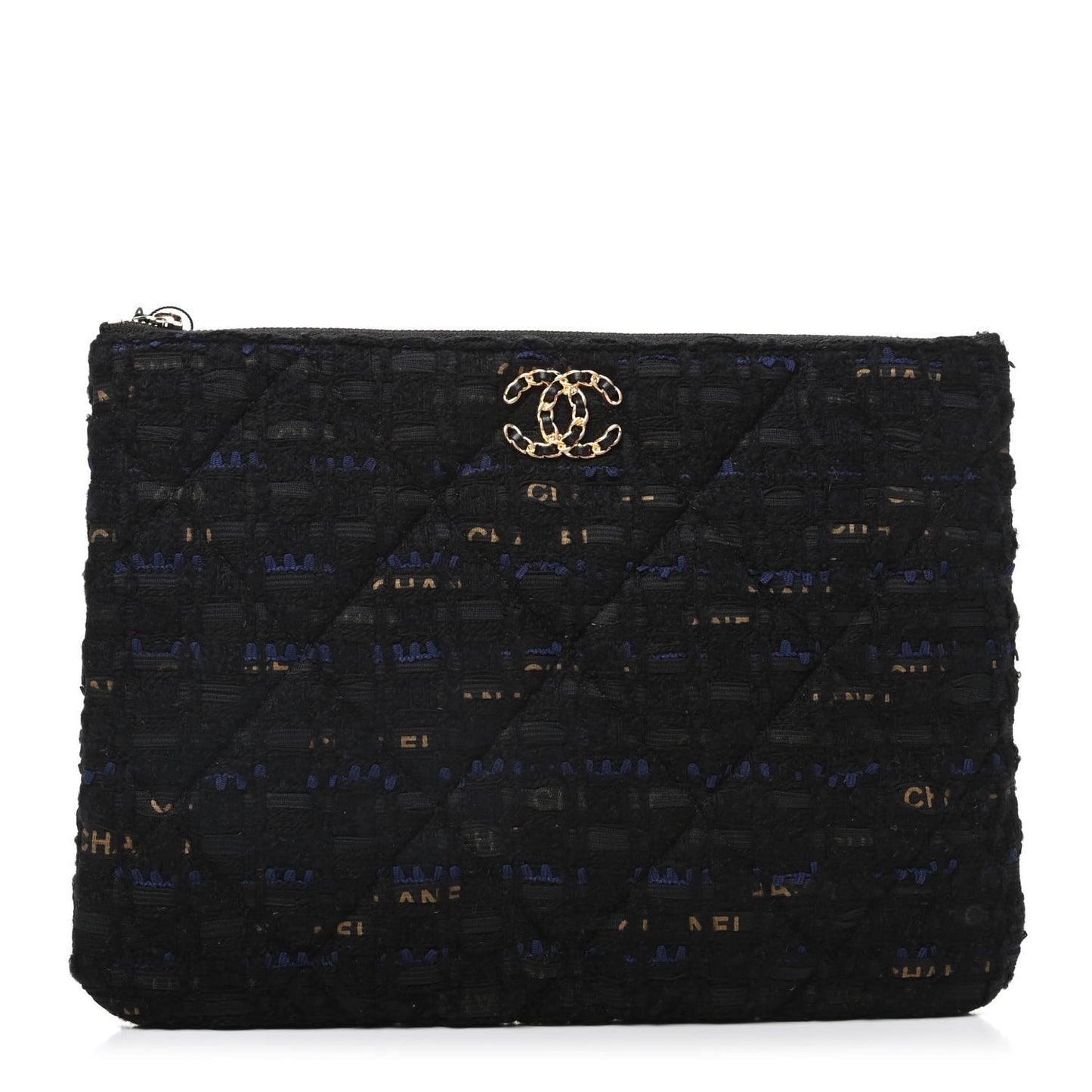 Tweed Quilted Large Chanel 19 Pouch Black Navy Gold