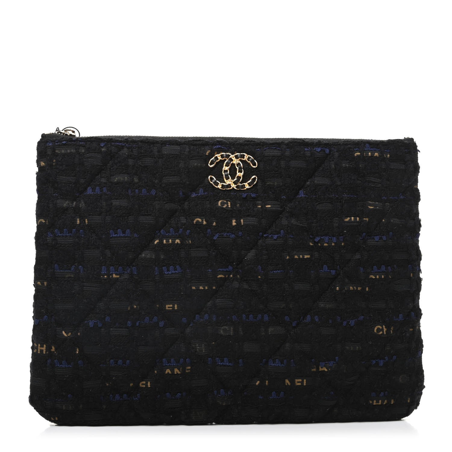 Chanel Tweed Quilted Large Chanel 19 Pouch Black Navy Gold 1 of 8