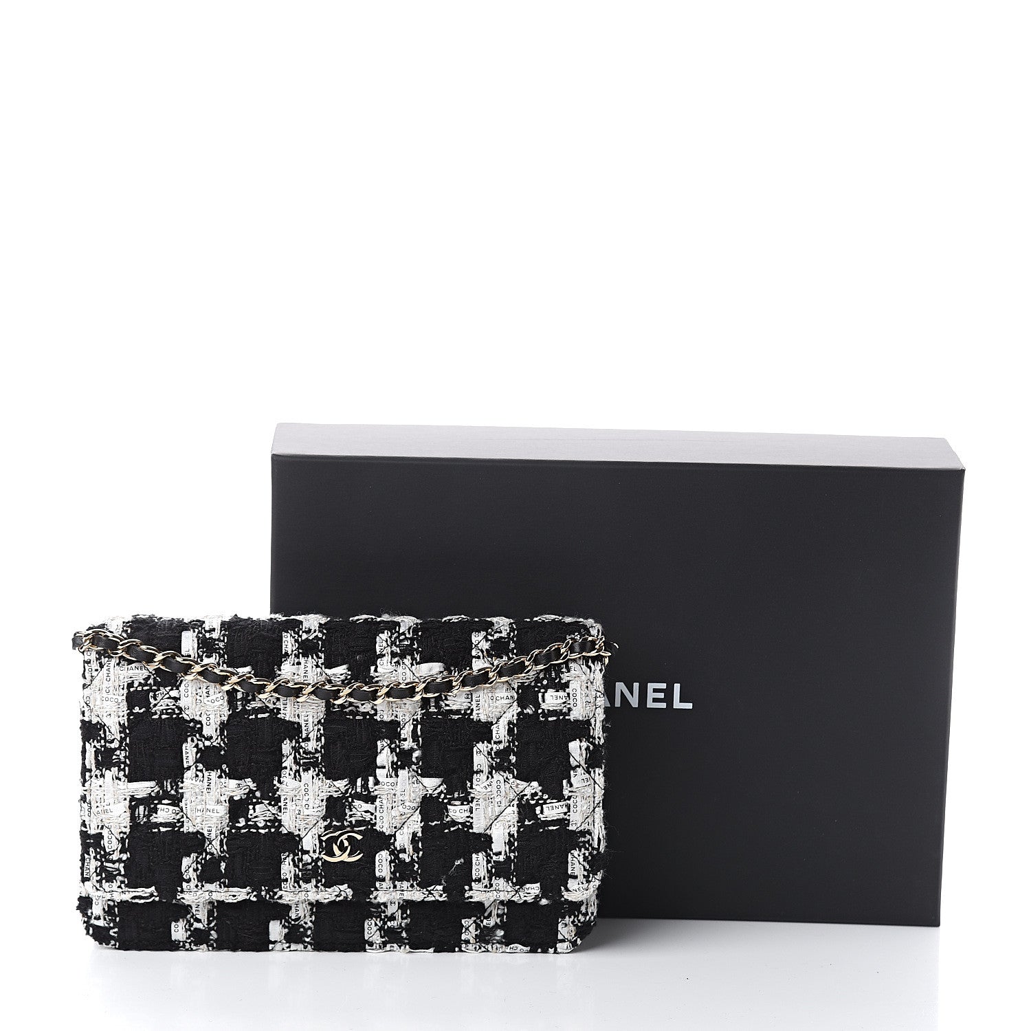 Chanel Tweed Quilted Wallet On Chain WOC Black Ecru White 10 of 10