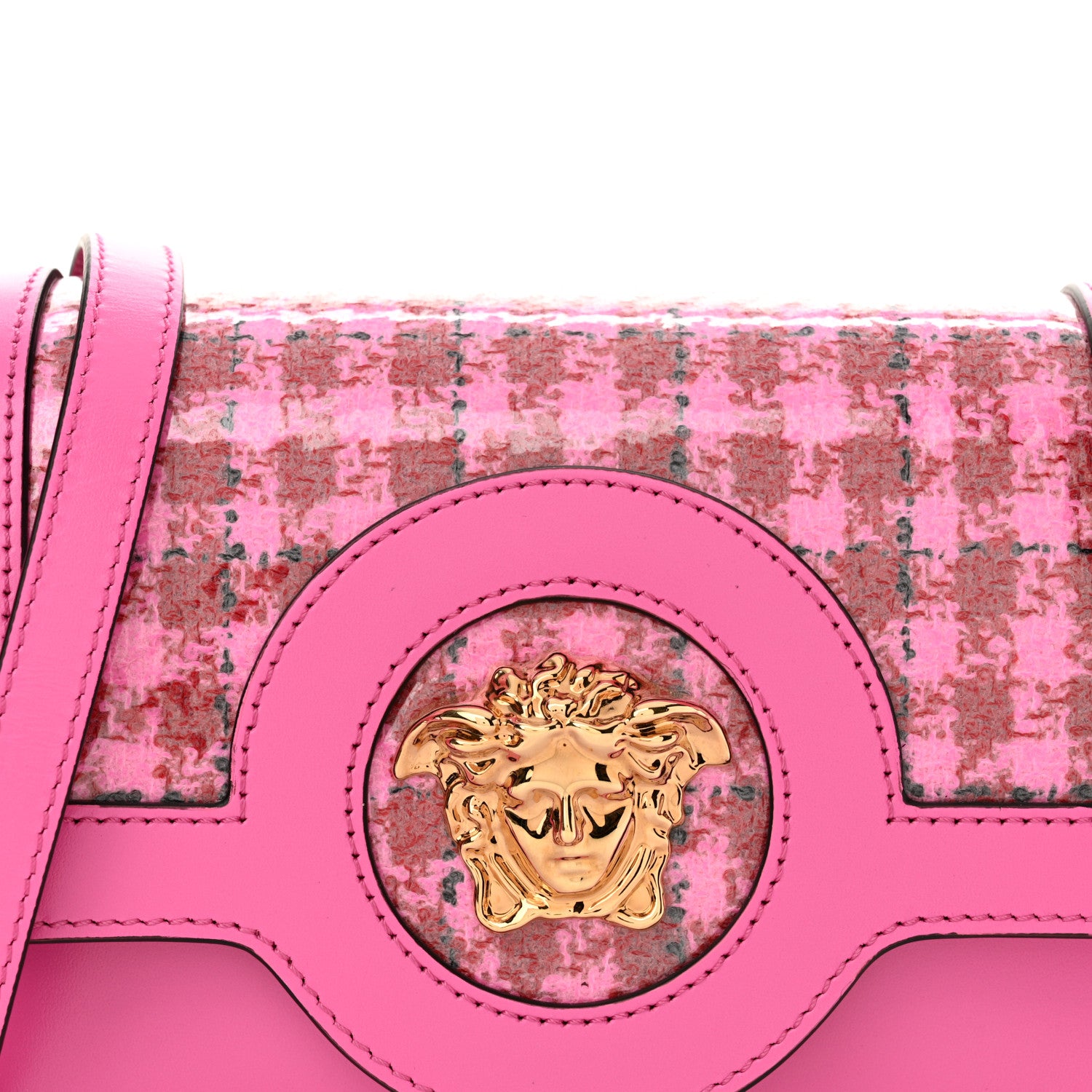Versace Calfskin Vinyl Small Houndstooth La Medusa Crossbody Bag Pink Multicolor 7 of 9