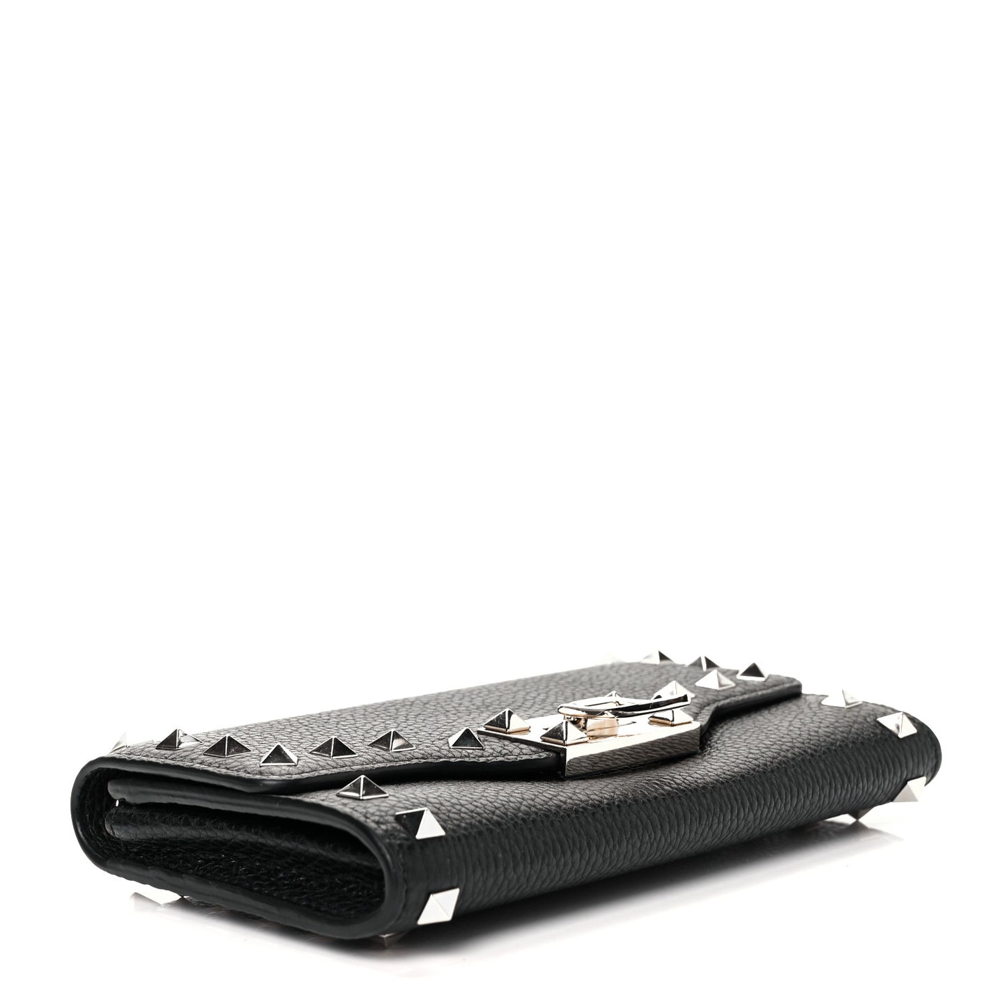 Pebbled Calfskin Rockstud Flip Lock Wallet On Chain Black