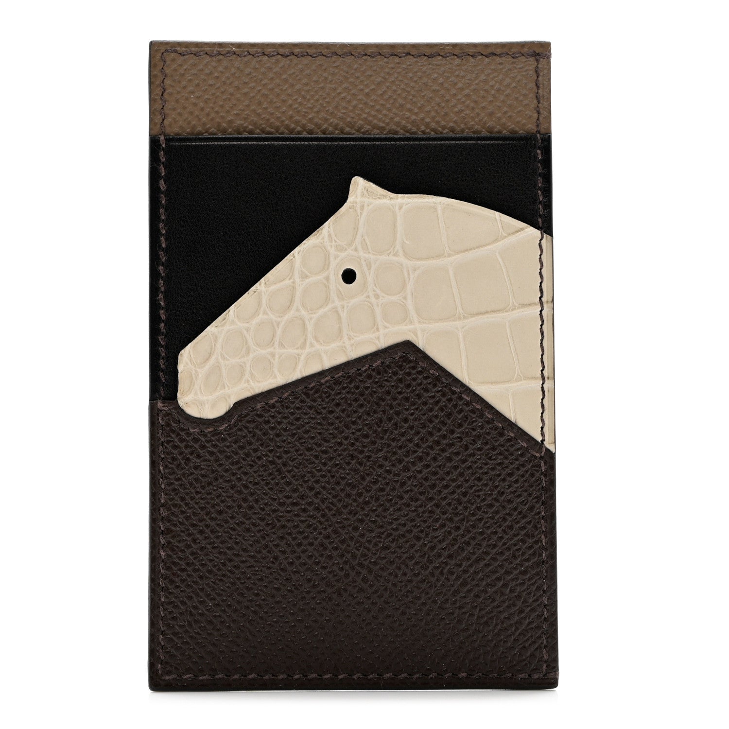 Hermes Epsom Matte Alligator Swift Les Petits Chevaux Card Holder Chocolate Beton Indigo Etoupe 1 of 7