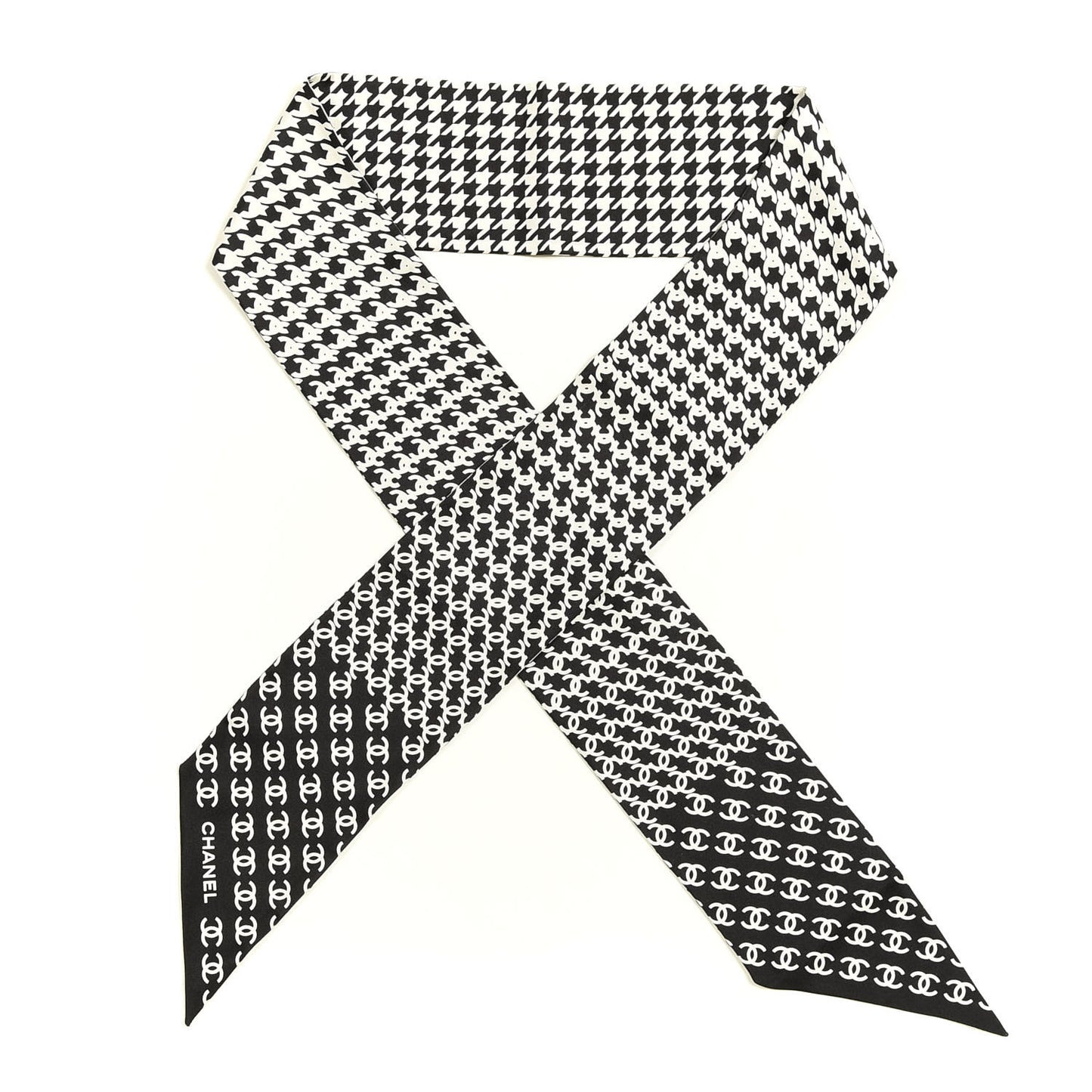 Silk Twill Houndstooth Slim Bandeau Scarf Black Ecru