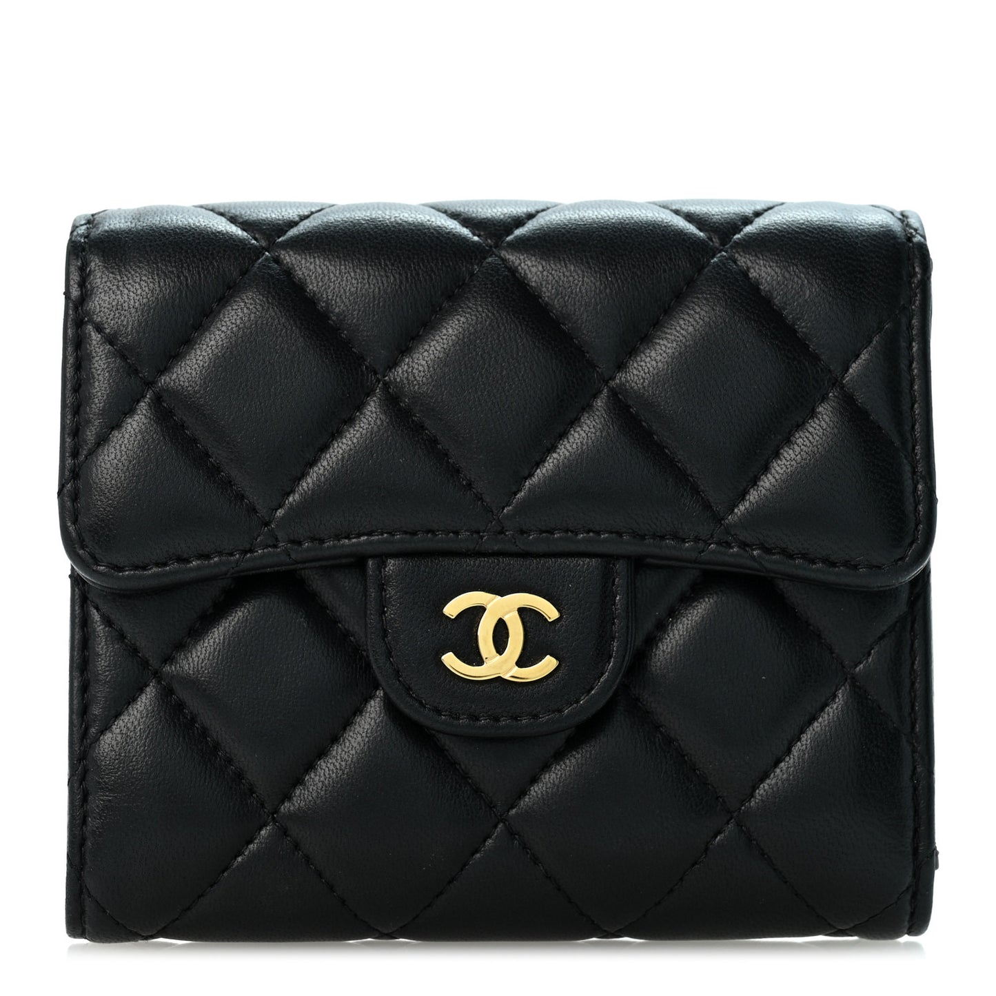 Lambskin Quilted Compact Flap Wallet Black
