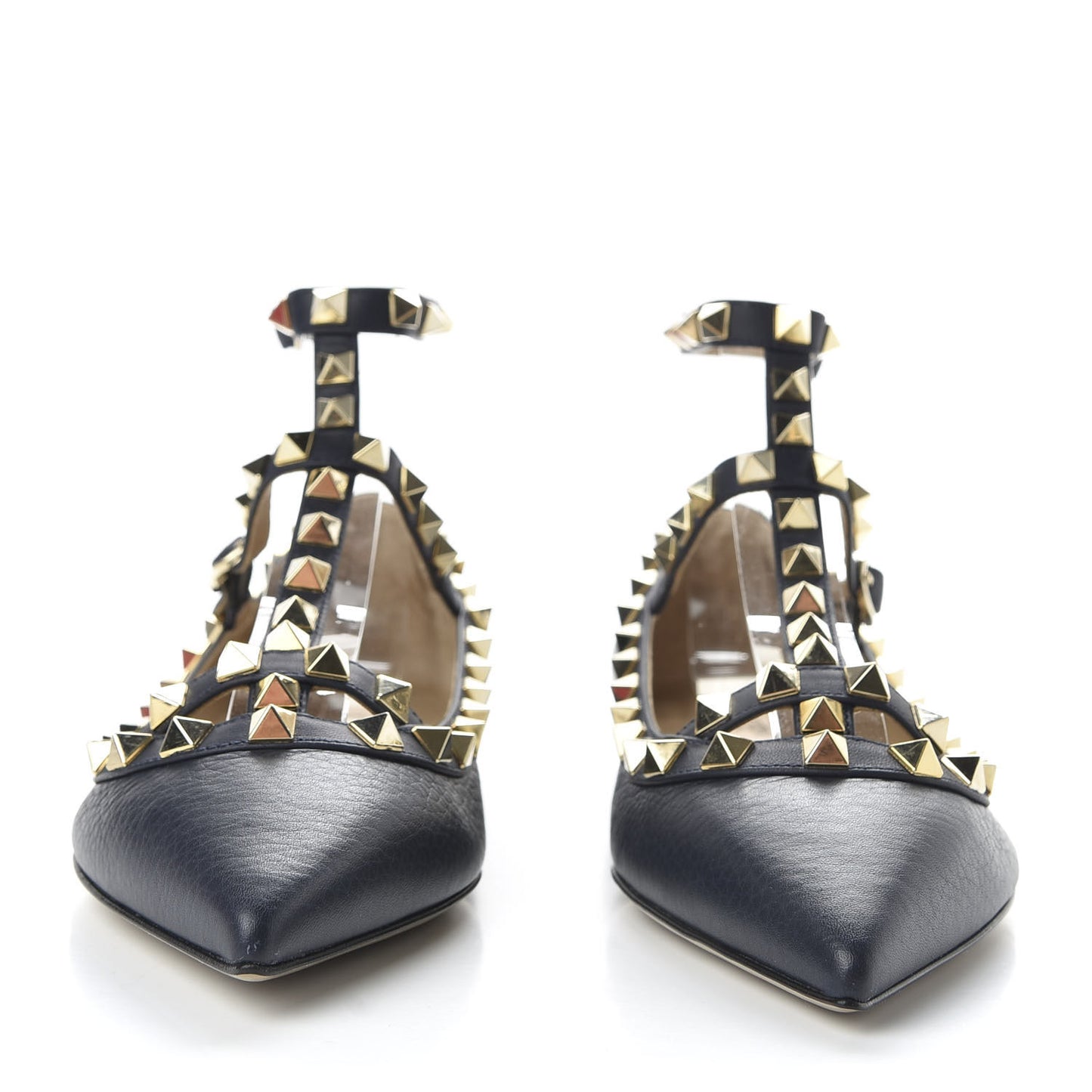 Pebbled Calfskin Rockstud Cage Ballerina Flats 35 Marine