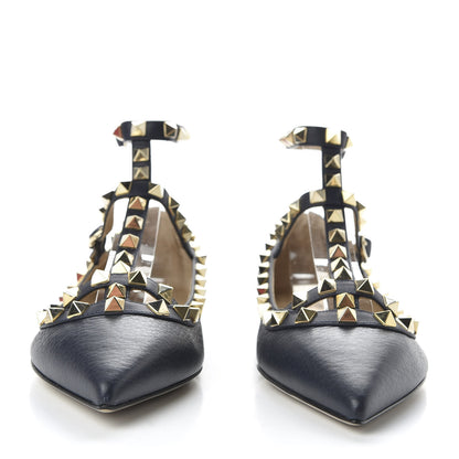 Valentino Garavani Pebbled Calfskin Rockstud Cage Ballerina Flats 35 Marine 2 of 10