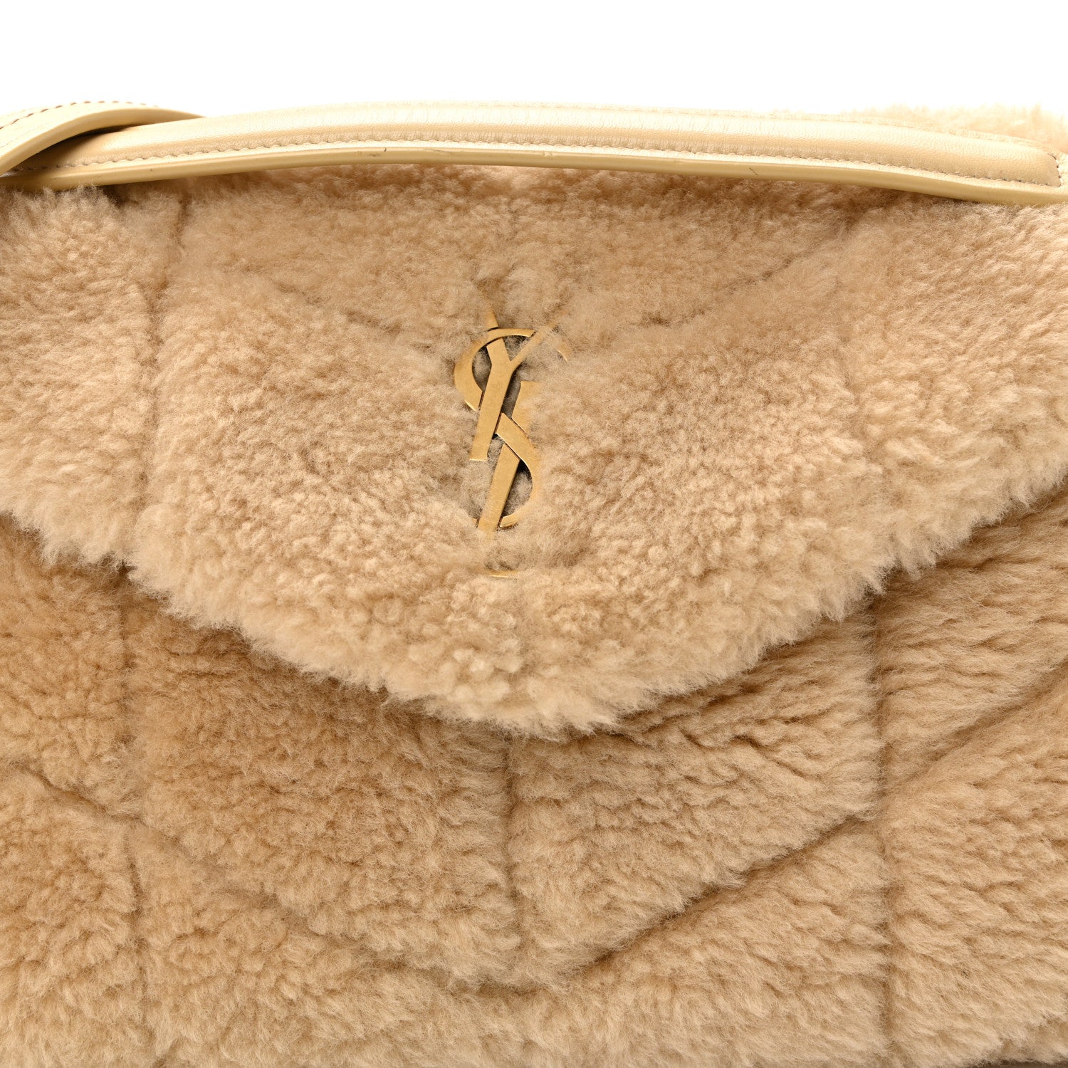 Saint Laurent Merino Shearling Lambskin Quilted Small Loulou Puffer Monogram Chain Satchel Natural Beige 8 of 10