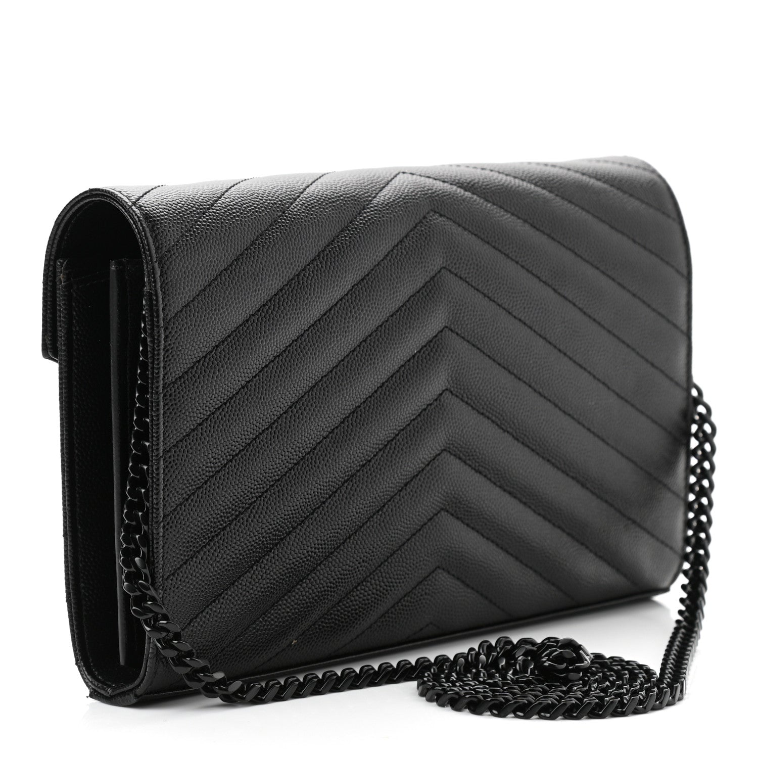 Saint Laurent Grain De Poudre Matelasse Chevron Monogram Chain Wallet Black 3 of 10