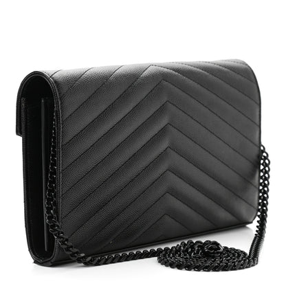 Saint Laurent Grain De Poudre Matelasse Chevron Monogram Chain Wallet Black 3 of 10
