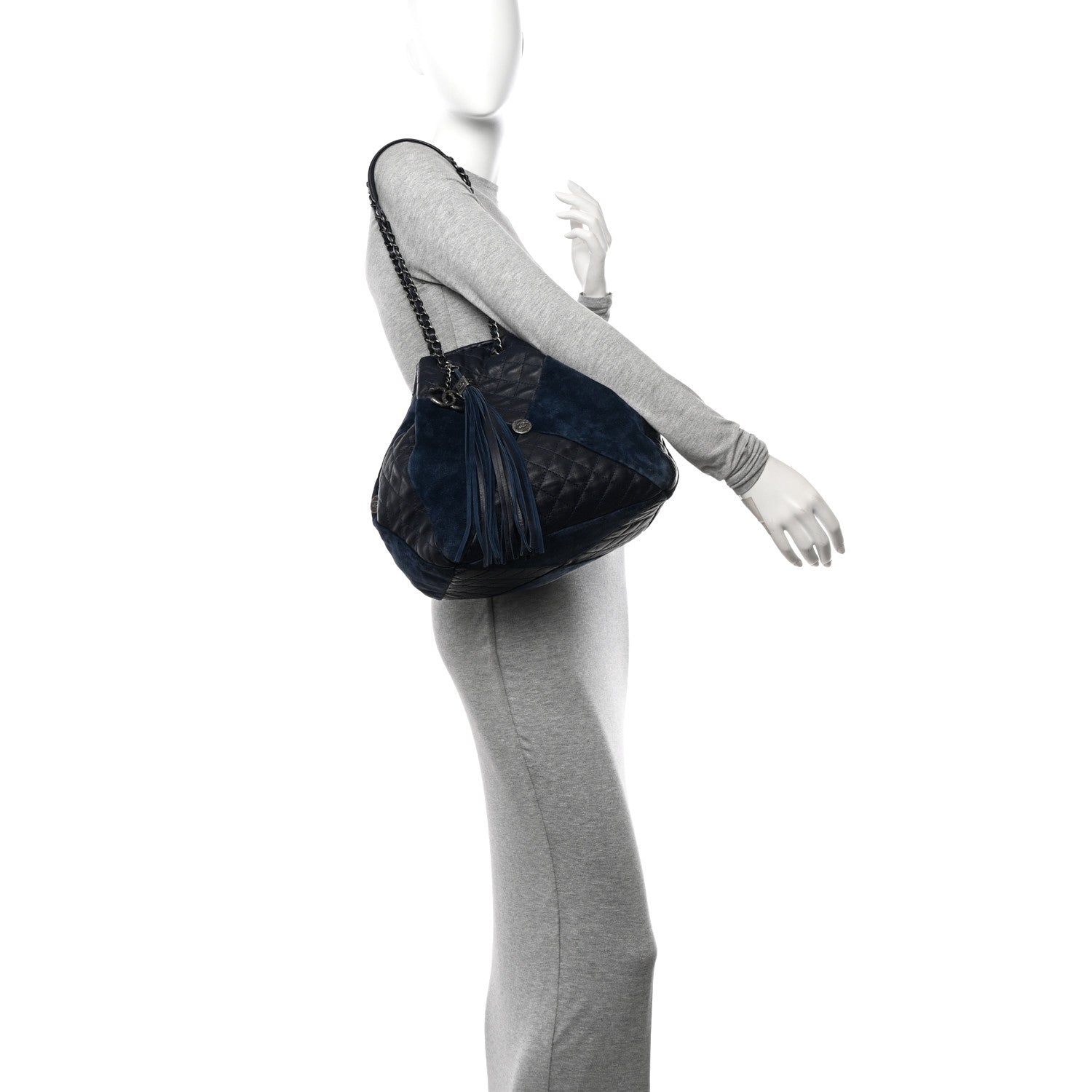 Chanel Goatskin Suede Calfskin Quilted Patchwork Drawstring Bag Blue 2 of 16