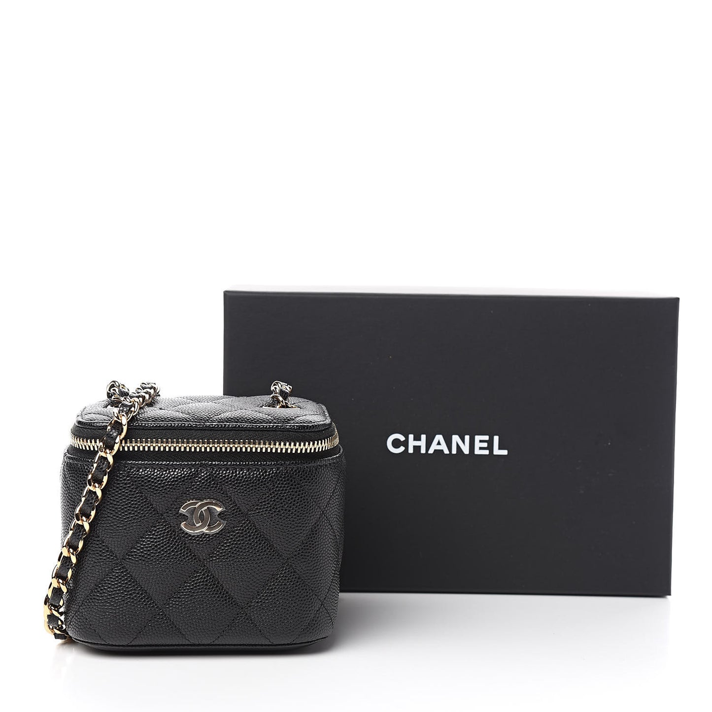 Caviar Quilted Mini Vanity Case With Chain Black