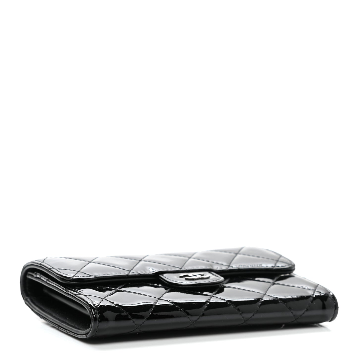 Patent Calfskin Quilted Small Flap Wallet Black