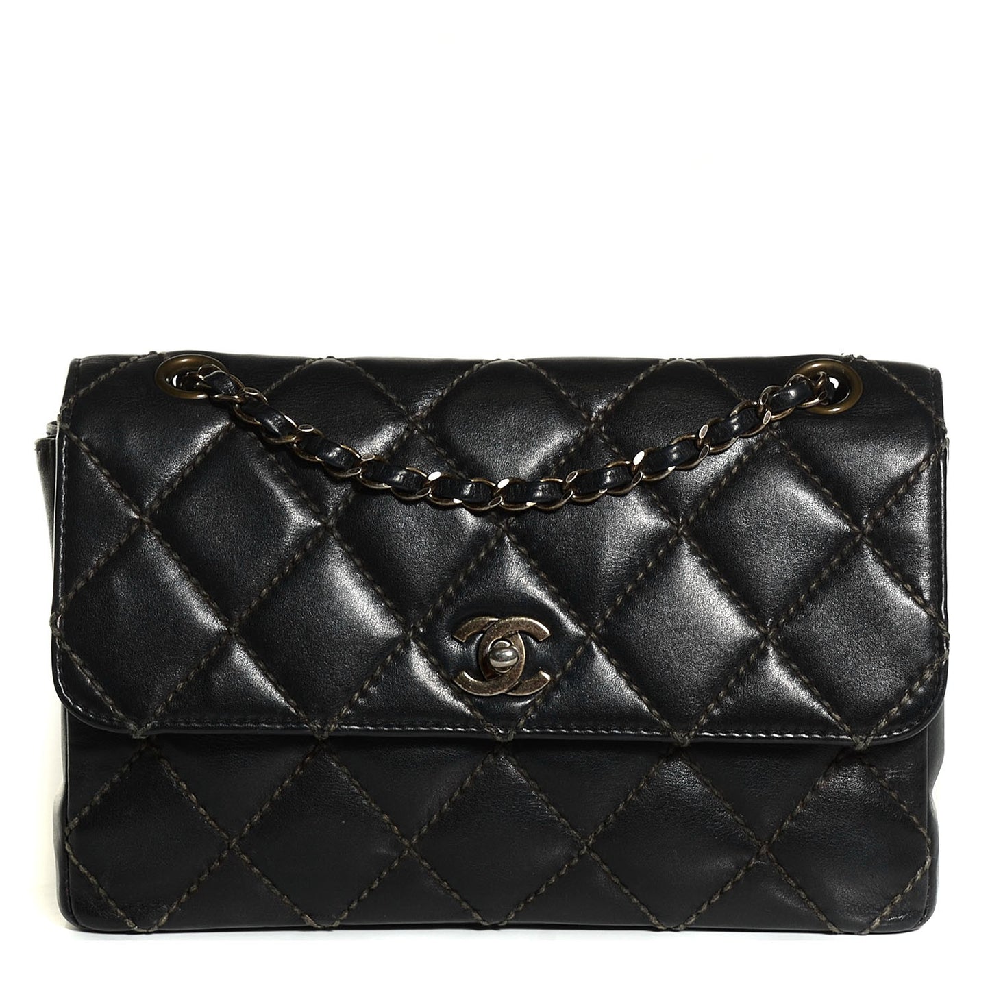 Calfskin Quilted Contrast Stitch Medium Flap Black