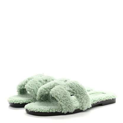 Hermes Woolskin Oran Sandals 37.5 Vert D'Eau 3 of 8
