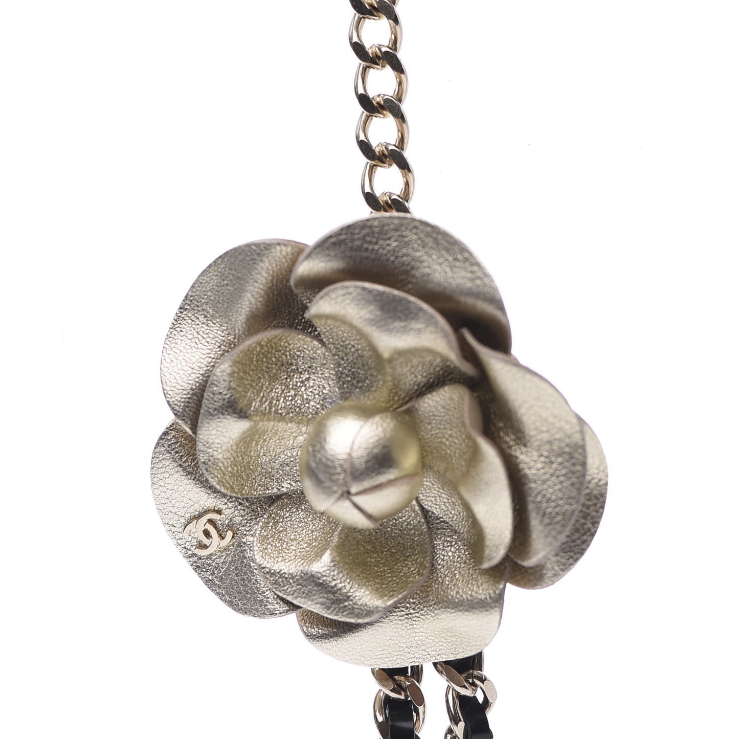 Glazed Calfskin CC Camellia Chain Necklace Gold Black