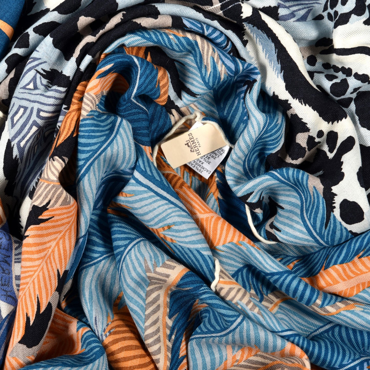 Cashmere Silk Jaguar Quetzal Shawl 140 Bleu Jean Abricot Gris
