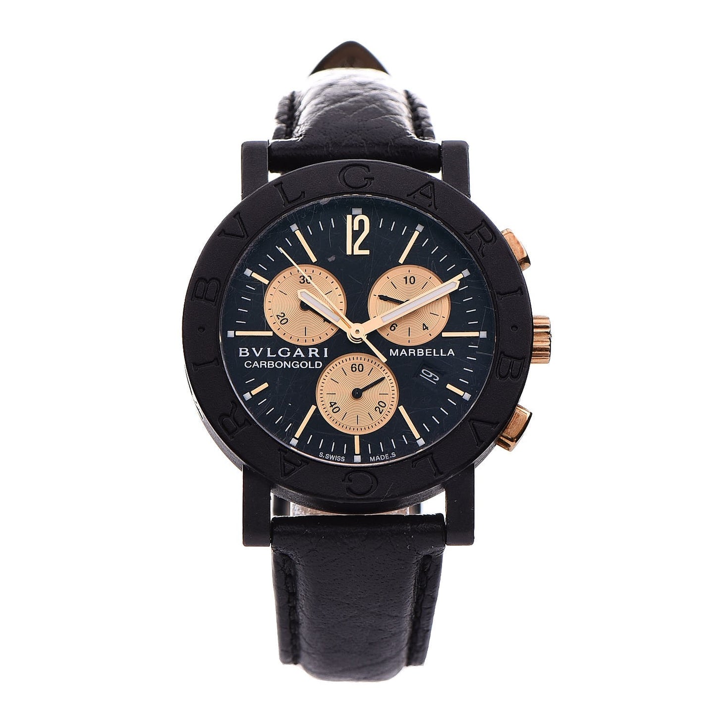 Carbon 18K Rose Gold Calfskin 38mm Carbongold Marbella Quartz Watch Black