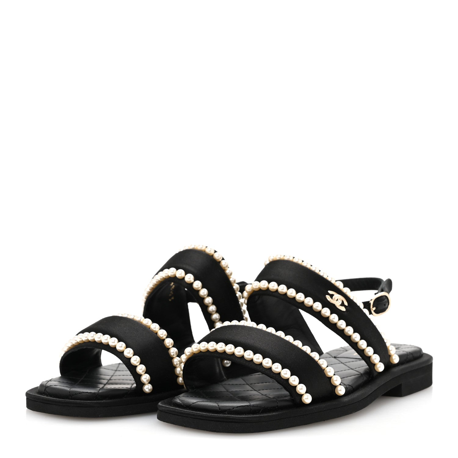 Chanel Satin Pearl Quilted Flat Sandals 36.5 Black 4 of 9
