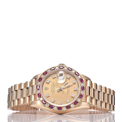 Rolex 18K Yellow Gold Diamond Ruby 26mm Oyster Perpetual Datejust President Watch Champagne 69198 3 of 7