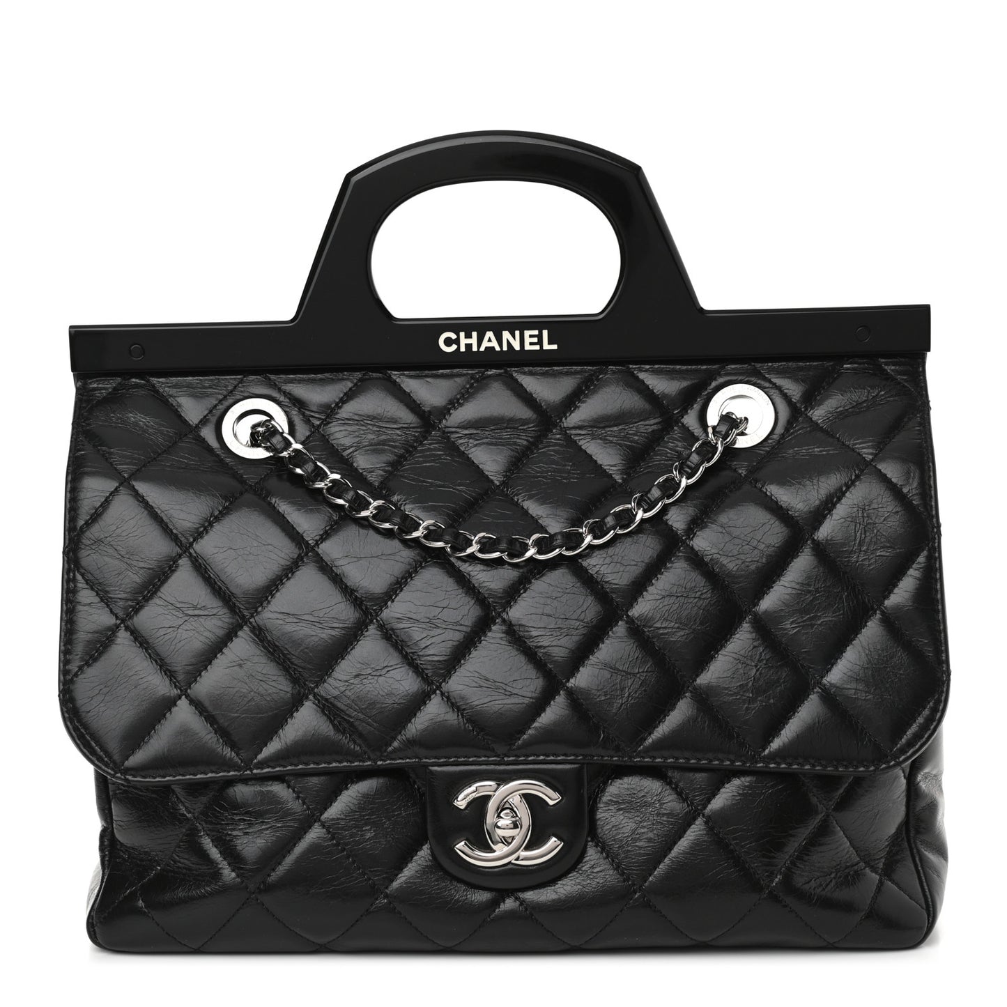 Glazed Calfskin Quilted Small CC Delivery Tote Black