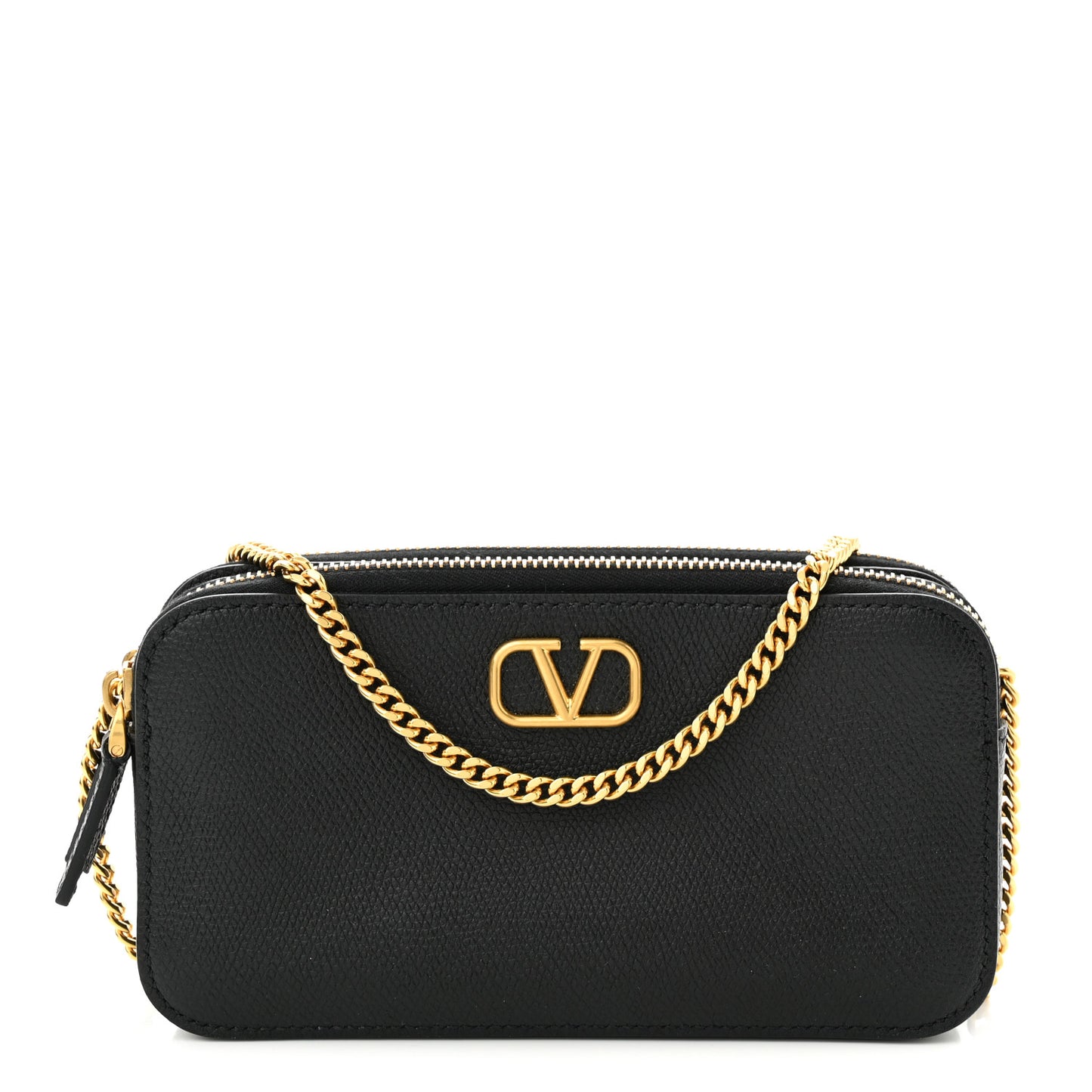 Grainy Calfskin VLogo Double Zip Camera Crossbody Bag Black