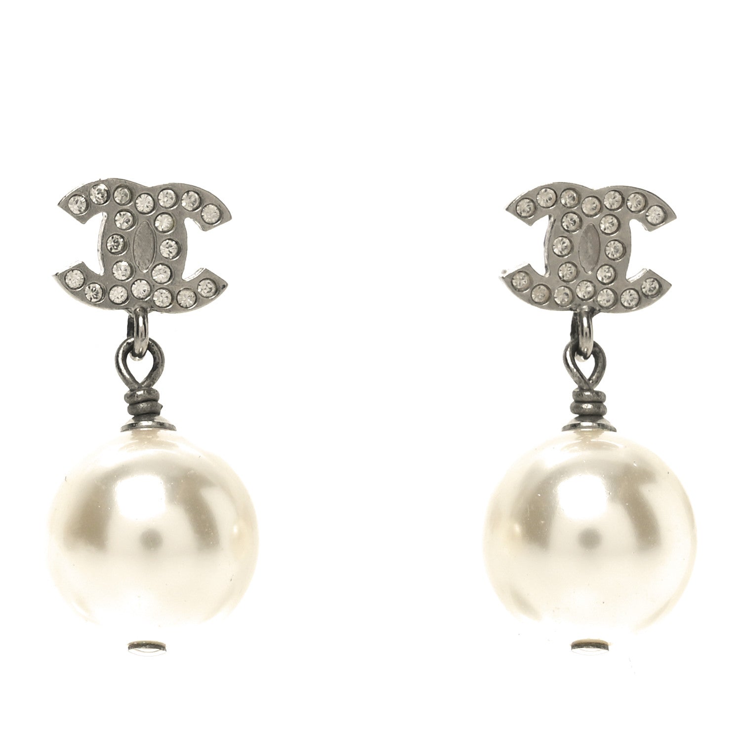 Chanel Crystal Pearl CC Drop Earrings Silver 1 of 4