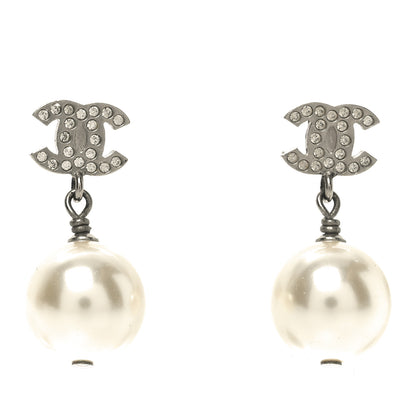 Chanel Crystal Pearl CC Drop Earrings Silver 1 of 4