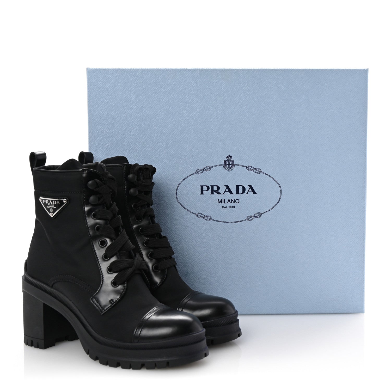 Prada Spazzolato Re-Nylon Metal Triangle Logo Lace Up 55mm Ankle Boots 35.5 Black 10 of 10