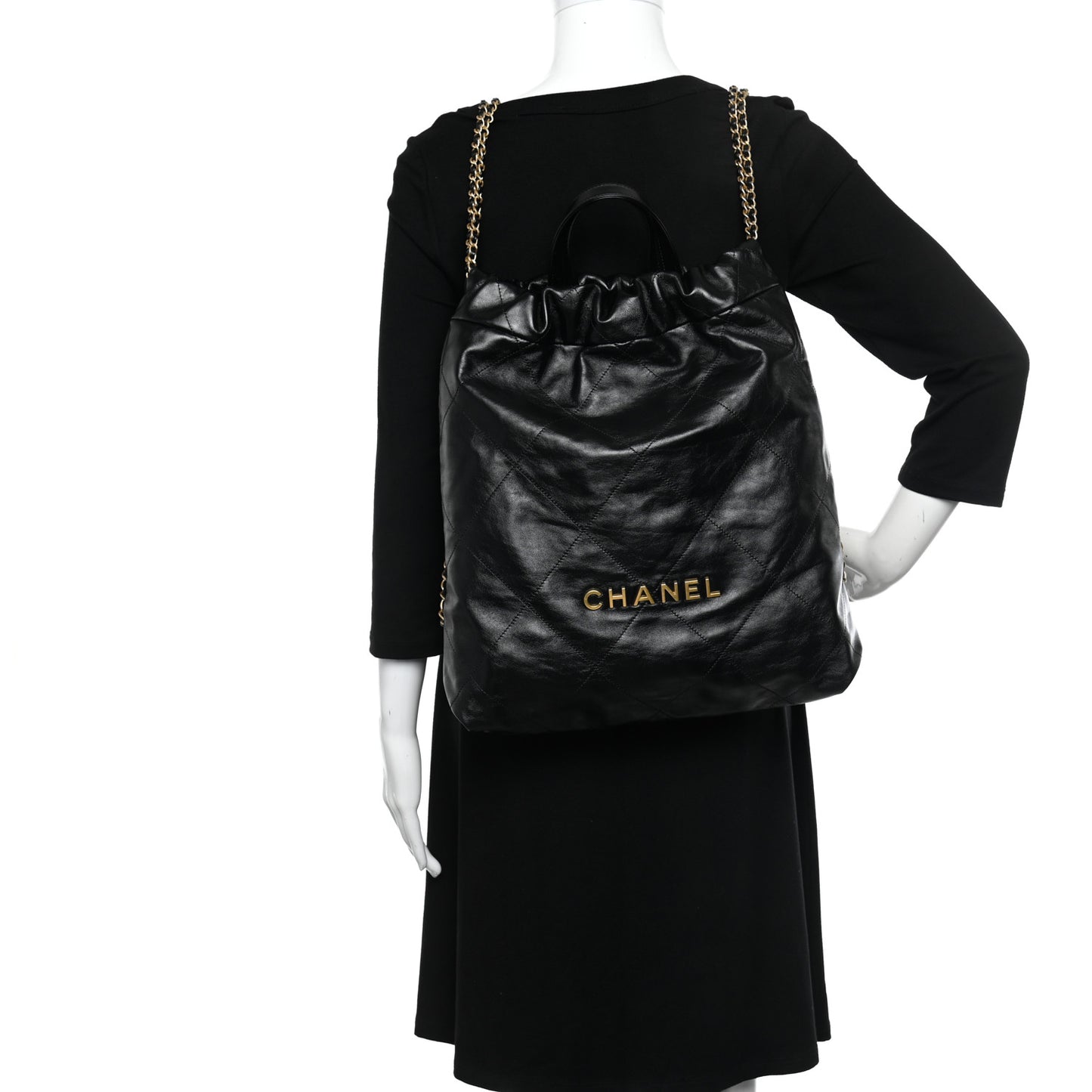 Shiny Calfskin Quilted Chanel 22 Backpack Black