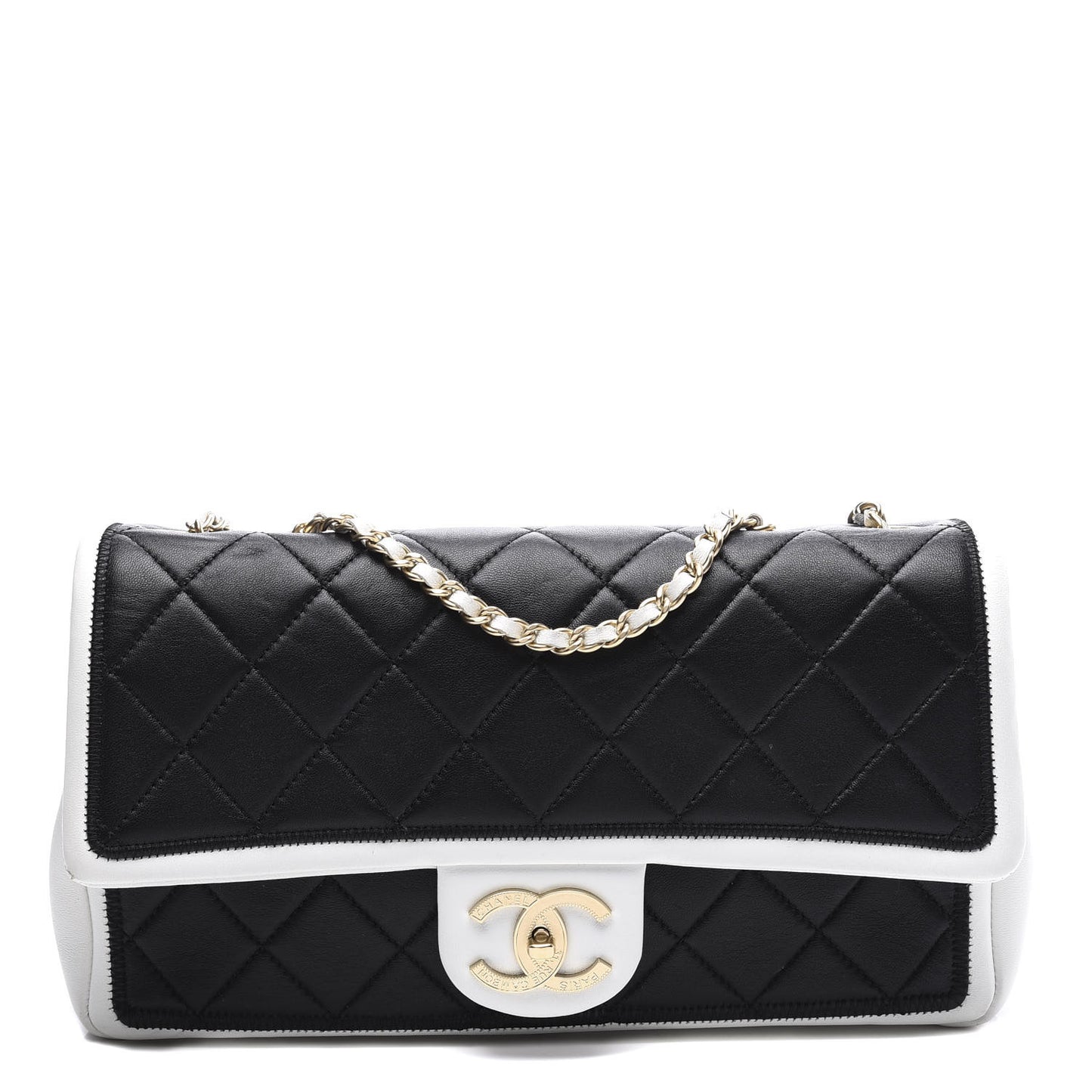 Lambskin Quilted Graphic Medium Flap Black White