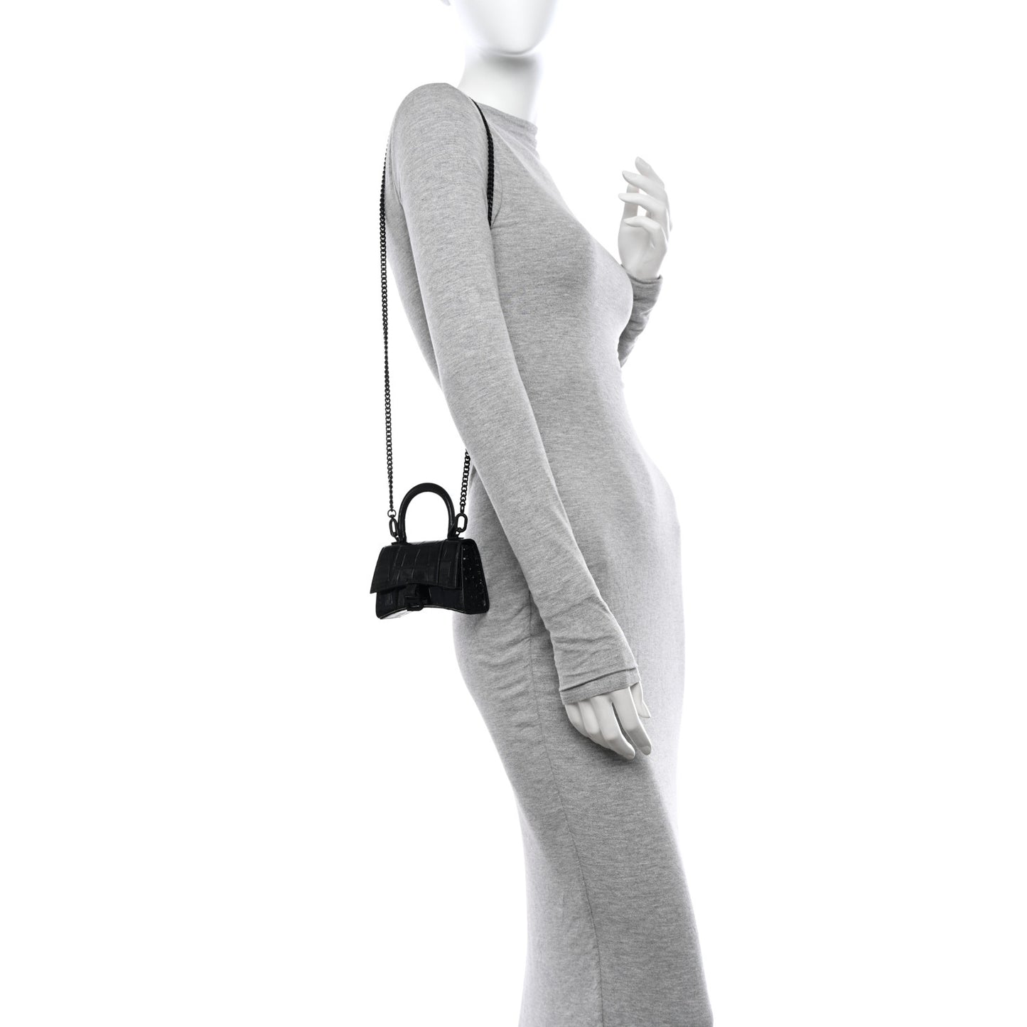 Shiny Calfskin Monochrome Crocodile Embossed Hourglass Top Handle Bag Mini with Chain Black