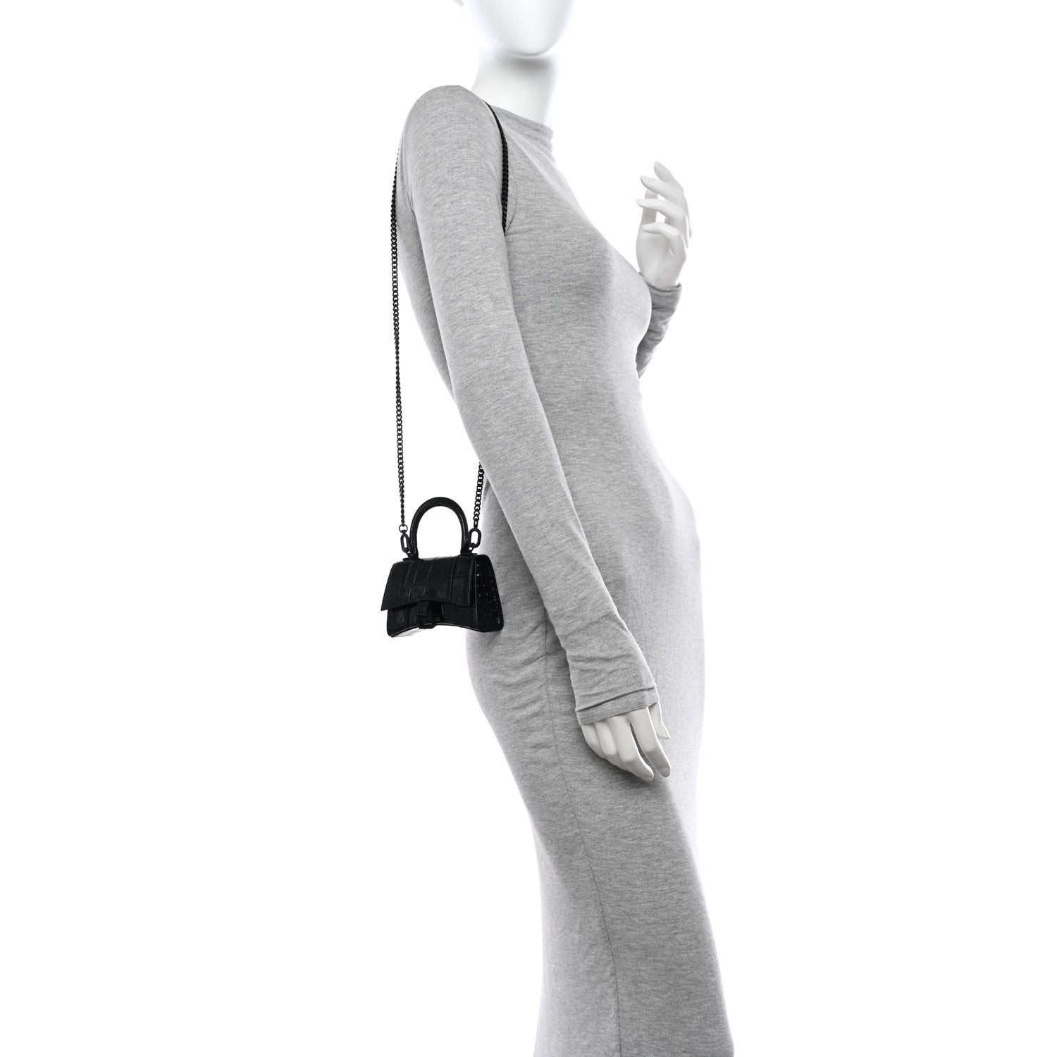 Balenciaga Shiny Calfskin Monochrome Crocodile Embossed Hourglass Top Handle Bag Mini with Chain Black 2 of 9