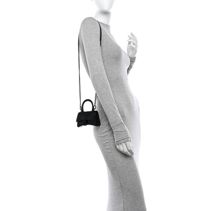 Balenciaga Shiny Calfskin Monochrome Crocodile Embossed Hourglass Top Handle Bag Mini with Chain Black 2 of 9