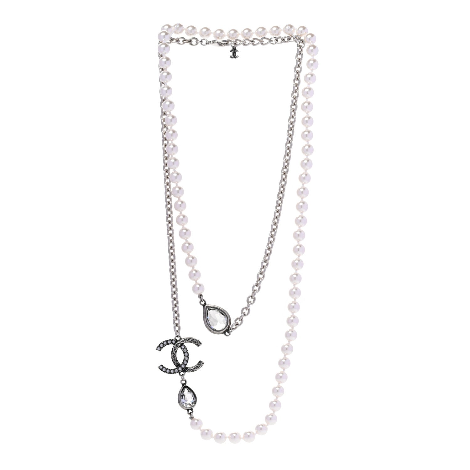 Chanel Pearl Crystal CC Long Necklace Silver 3 of 6