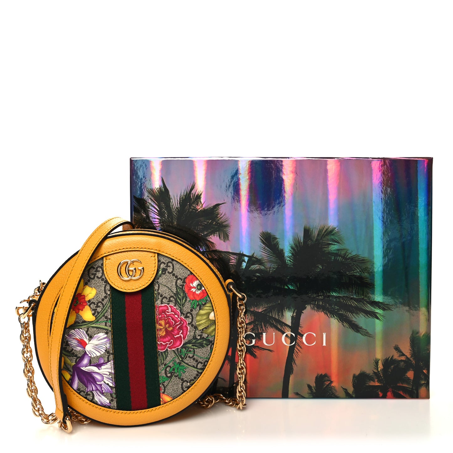 GG Supreme Monogram Flora Web Mini Ophidia Round Shoulder Bag Beige Multicolor Crop