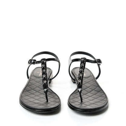 Chanel Patent Beaded CC Thong Sandals 37.5 Black 3 of 10