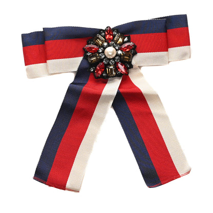 Gucci Grosgrain Web Crystal Bow Brooch Red White Blue 1 of 5