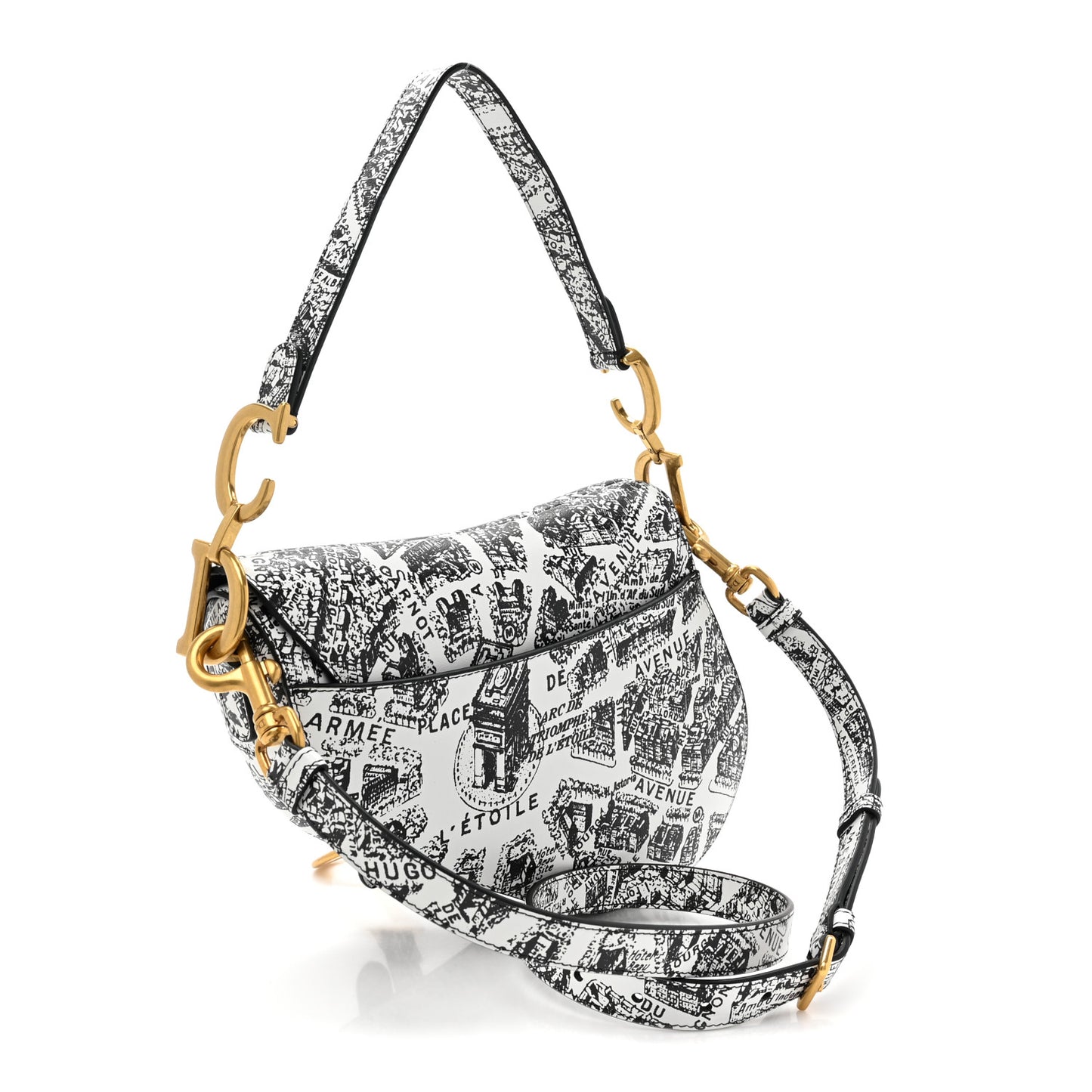 Calfskin Plan De Paris Printed Saddle Bag With Strap White Black
