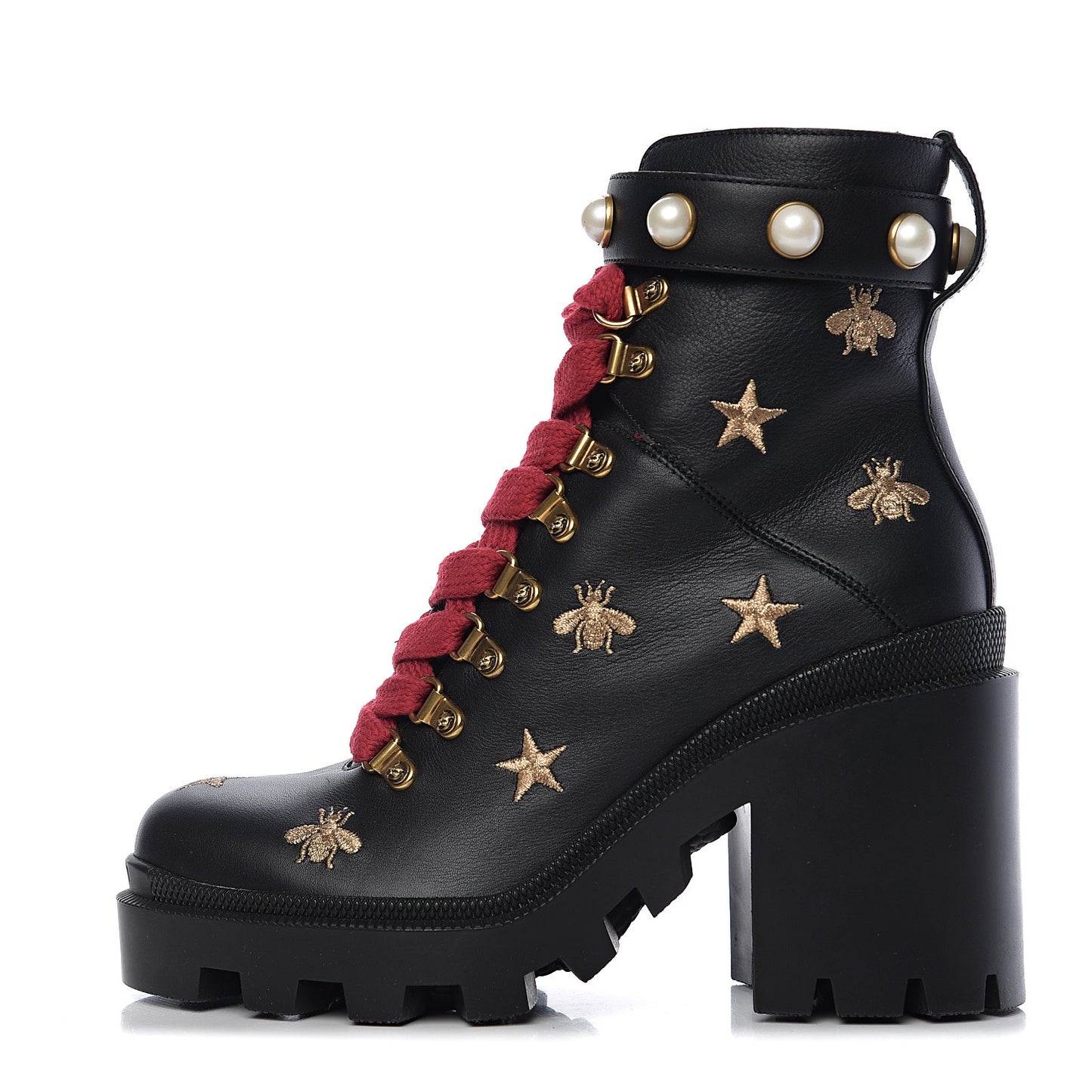 Calfskin Bee Star Embroidered Lace Up Combat Ankle Boots 37 Black
