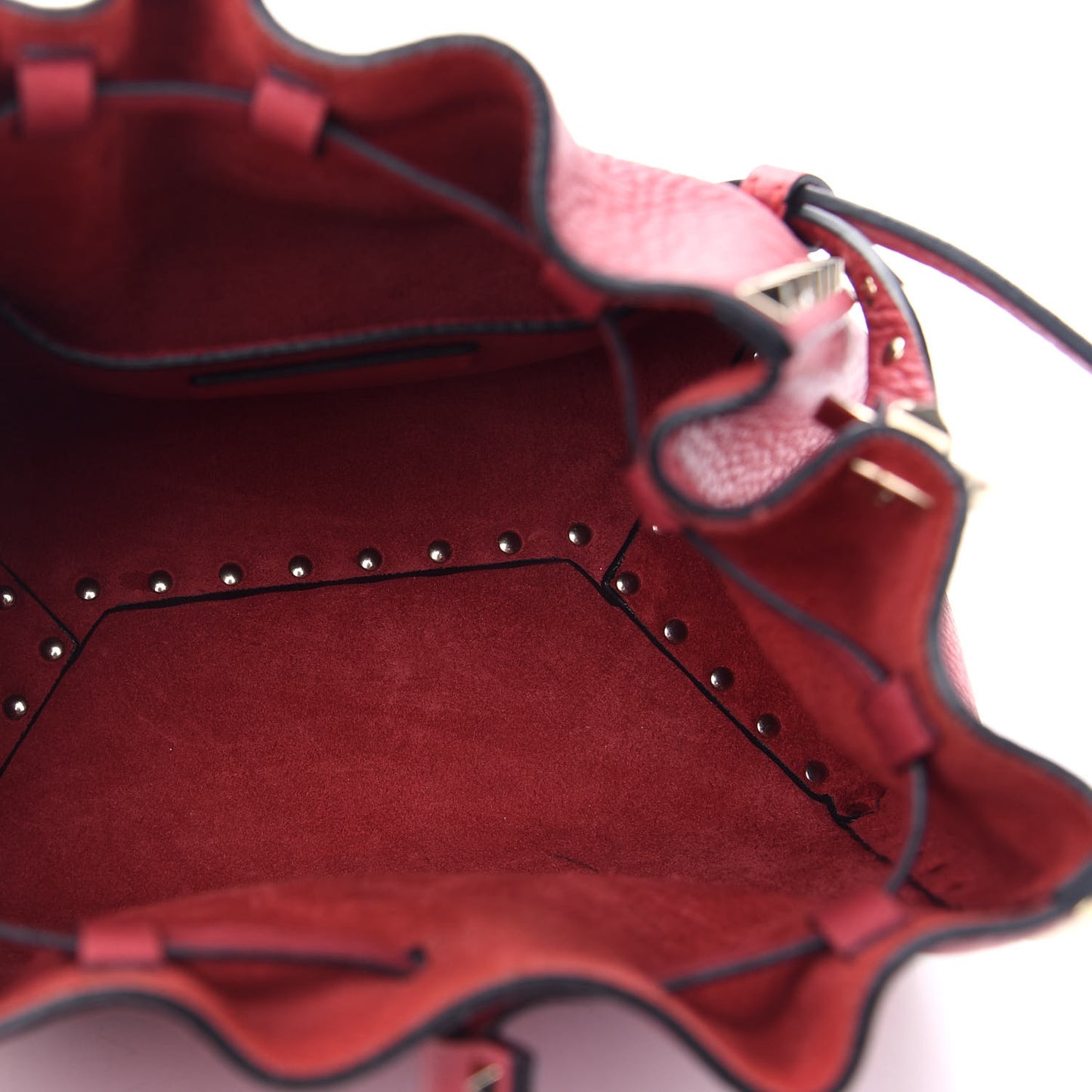 Grained Calfskin Rockstud Bucket Bag Red
